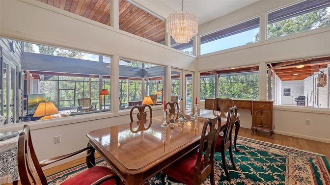 Chandelier, Dining room, Interior, Sun Room, Wooden Ceilings, Wood Texture Flooring