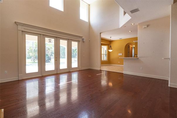 Empty room, Interior, Pendant Lights, Recessed Lighting, Wood Texture Flooring