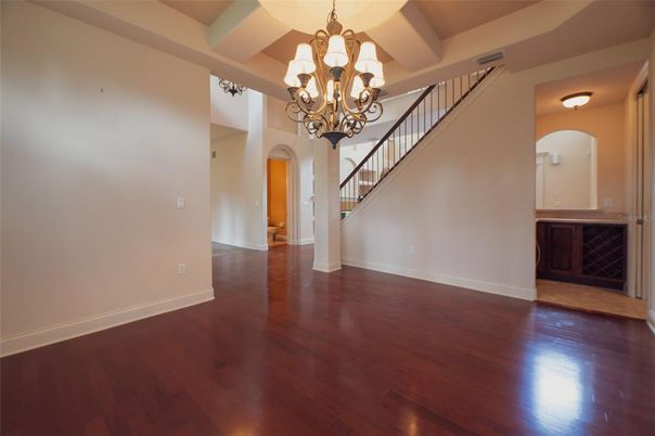 Chandelier, Empty room, Interior, Wood Texture Flooring