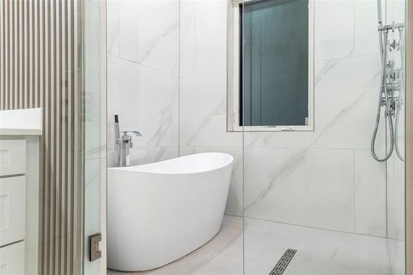 Bathroom, Free Standing Baths, Glass Shower, Interior, Marble Walls