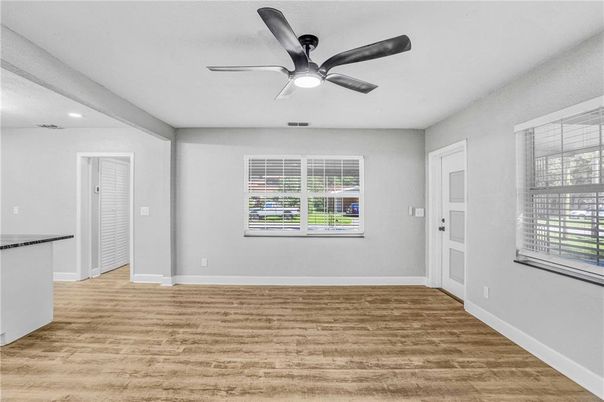 Empty room, Interior, Recessed Lighting, Wood Texture Flooring