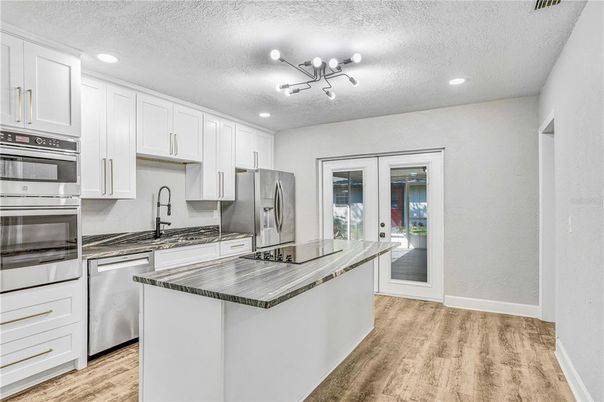 Interior, Kitchen, Recessed Lighting, Stainless Steel Appliances, Wood Texture Flooring