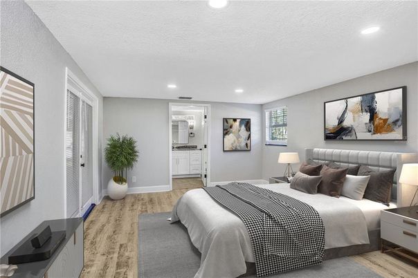 Bedroom, Interior, Recessed Lighting, Wood Texture Flooring