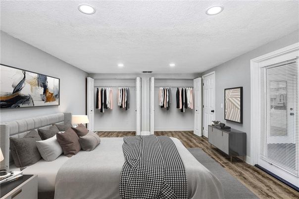 Bedroom, Interior, Recessed Lighting, Wood Texture Flooring