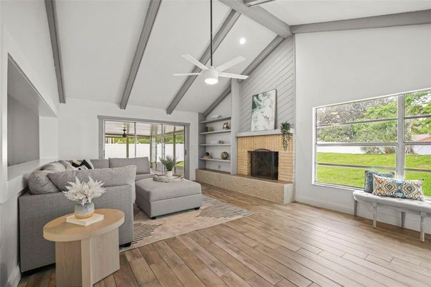 Fireplace, Interior, Living room, Recessed Lighting, Wood Texture Flooring