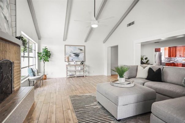 Interior, Kitchen, Living room, Stainless Steel Appliances, Wood Texture Flooring
