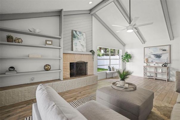 Fireplace, Interior, Recessed Lighting, Wood Texture Flooring