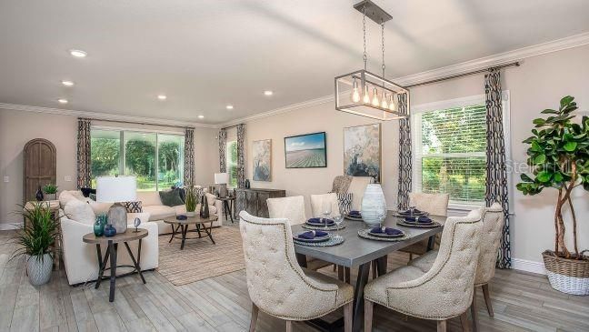 Chandelier, Dining room, Interior, Living room, Pendant Lights, Recessed Lighting, Wood Texture Flooring
