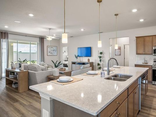 Interior, Kitchen, Living room, Pendant Lights, Recessed Lighting, Wood Texture Flooring