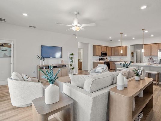 Interior, Kitchen, Living room, Pendant Lights, Recessed Lighting, Stainless Steel Appliances, Wood Texture Flooring