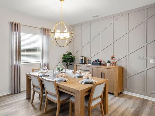 Chandelier, Dining room, Interior, Pendant Lights, Wood Texture Flooring