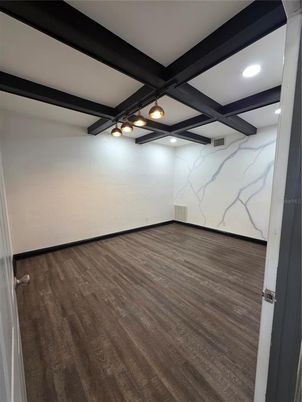 Empty room, Interior, Marble Walls, Recessed Lighting, Wooden Beams, Wood Texture Flooring