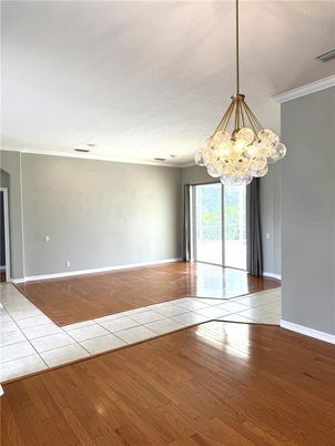 Chandelier, Empty room, Interior, Pendant Lights, Wood Texture Flooring
