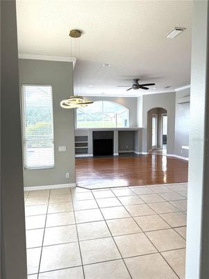 Empty room, Interior, Pendant Lights, Recessed Lighting, Wood Texture Flooring