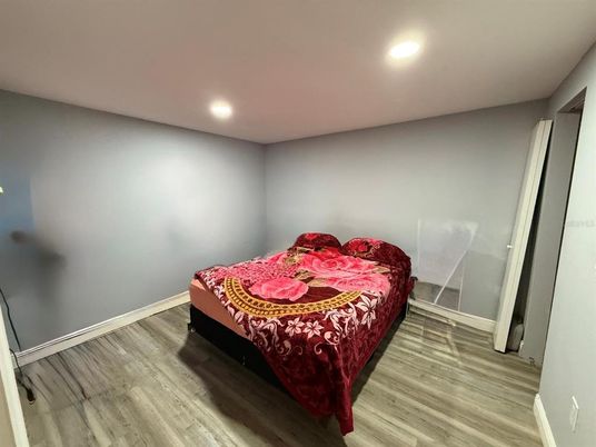 Bedroom, Interior, Recessed Lighting, Wood Texture Flooring