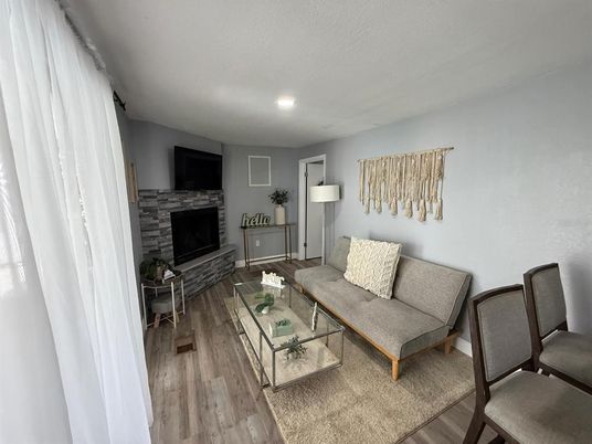 Fireplace, Interior, Living room, Recessed Lighting, Wood Texture Flooring