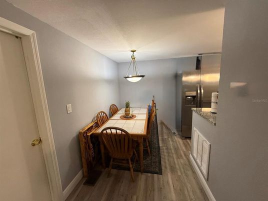 Dining room, Interior, Pendant Lights, Wood Texture Flooring