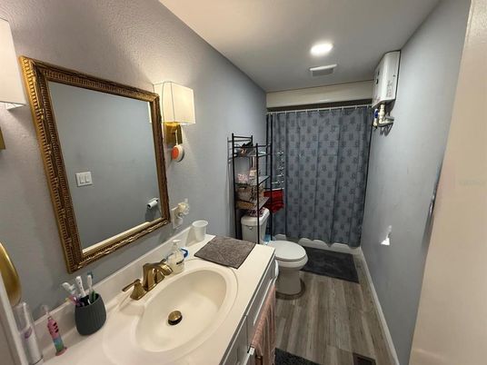 Bathroom, Interior, Recessed Lighting, Wood Texture Flooring