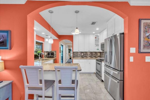 Interior, Kitchen, Marble, Pendant Lights, Recessed Lighting, Stainless Steel Appliances