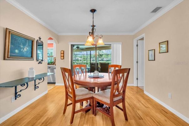Dining room, Interior, Pendant Lights, Wood Texture Flooring