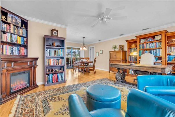 Fireplace, Home Office, Interior, Pendant Lights, Wood Texture Flooring