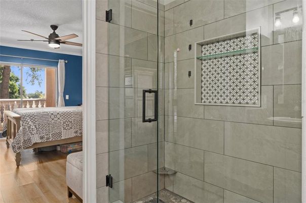 Bathroom, Bedroom, Glass Shower, Interior, Wood Texture Flooring