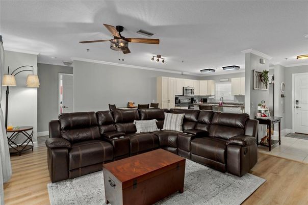 Home Theatre Room, Interior, Kitchen, Living room, Stainless Steel Appliances, Wood Texture Flooring
