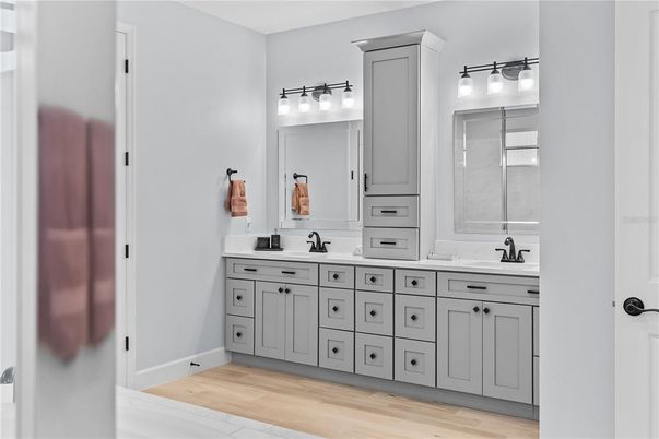 Bathroom, Dual Sink Vanities, Interior, Wood Texture Flooring