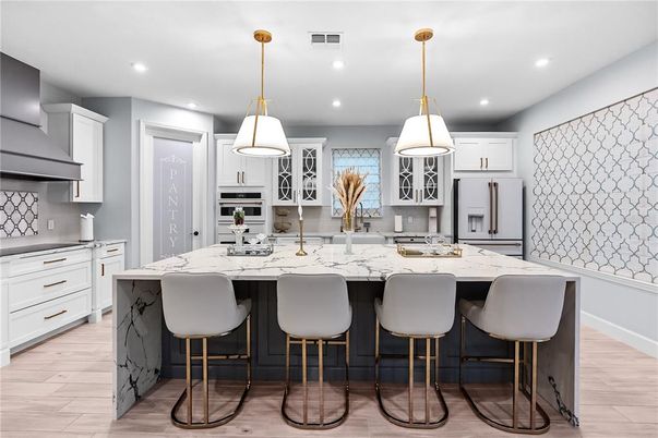 Interior, Kitchen, Pendant Lights, Recessed Lighting, Stainless Steel Appliances, Wood Texture Flooring