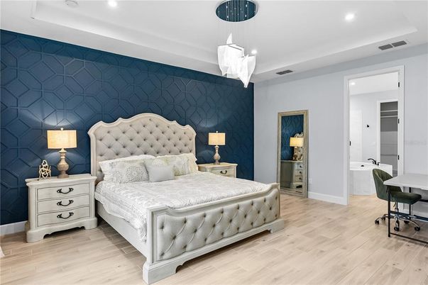 Bedroom, Interior, Pendant Lights, Recessed Lighting, Wood Texture Flooring