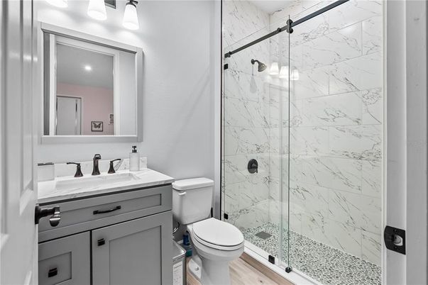 Bathroom, Glass Shower, Interior, Marble Walls, Recessed Lighting