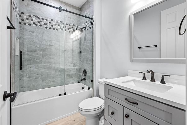 Bathroom, Glass Shower, Interior, Wood Texture Flooring