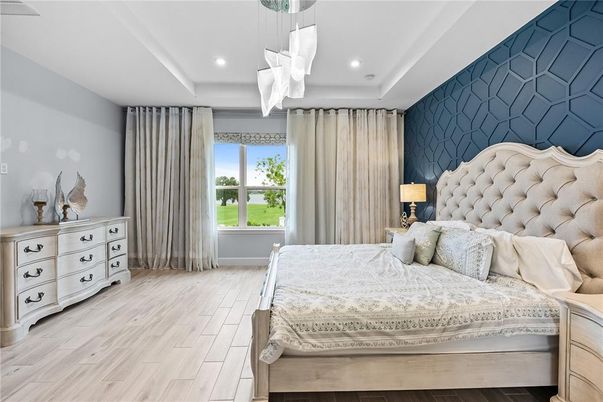 Bedroom, Interior, Pendant Lights, Recessed Lighting, Wood Texture Flooring