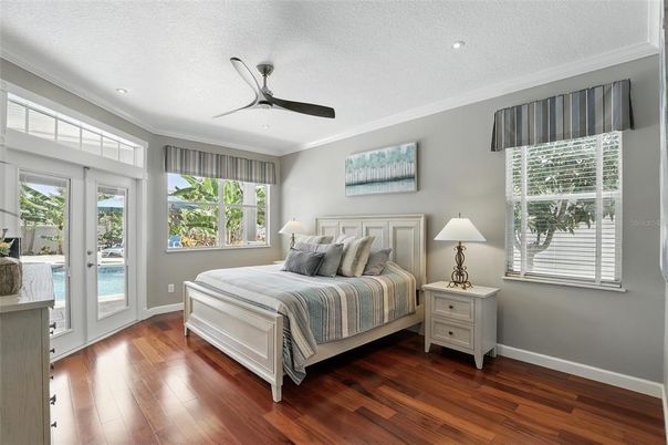 Bedroom, Interior, Recessed Lighting, Wood Texture Flooring