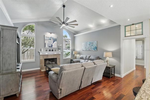 Fireplace, Interior, Living room, Recessed Lighting, Wood Texture Flooring
