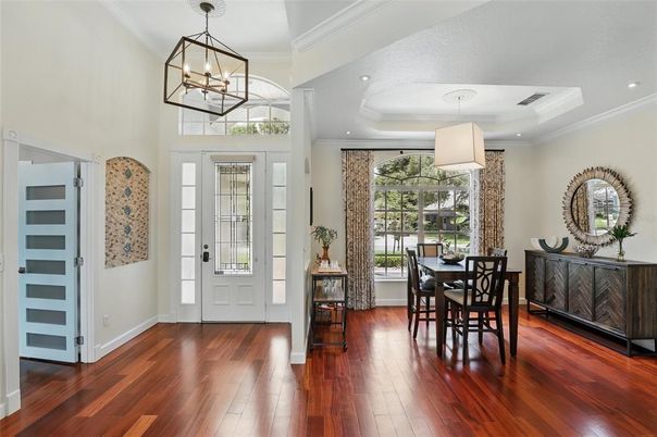 Dining room, Interior, Pendant Lights, Recessed Lighting, Wood Texture Flooring