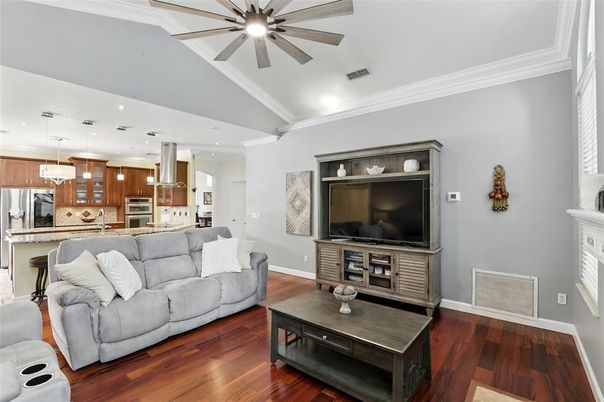 Interior, Kitchen, Living room, Pendant Lights, Recessed Lighting, Stainless Steel Appliances, Wood Texture Flooring
