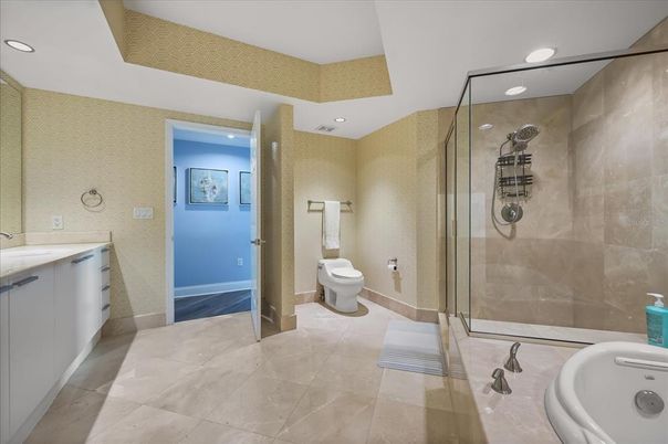 Bathroom, Dual Sink Vanities, Glass Shower, Interior, Recessed Lighting