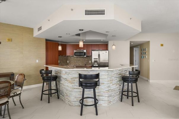 Interior, Kitchen, Marble, Pendant Lights, Recessed Lighting, Stainless Steel Appliances