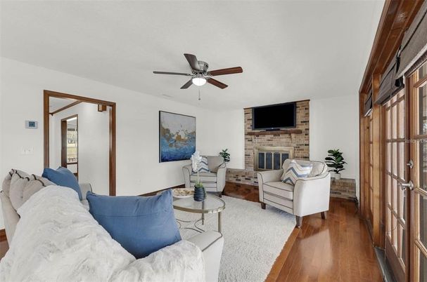Fireplace, Interior, Living room, Stone Walls, Wood Texture Flooring