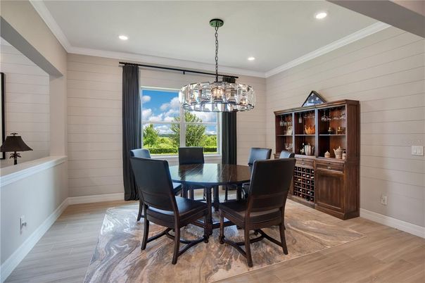 Chandelier, Dining room, Interior, Pendant Lights, Recessed Lighting, Wood Texture Flooring
