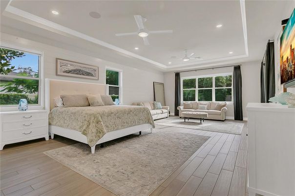 Bedroom, Interior, Recessed Lighting, Wood Texture Flooring