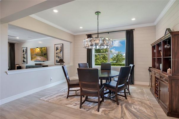 Chandelier, Dining room, Interior, Pendant Lights, Recessed Lighting, Wood Texture Flooring