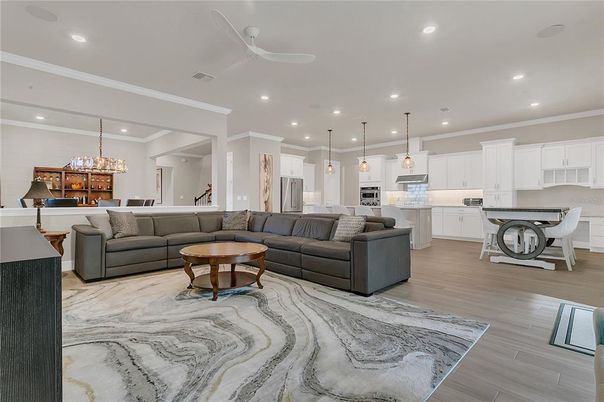 Chandelier, Dining room, Interior, Kitchen, Living room, Pendant Lights, Recessed Lighting, Wood Texture Flooring
