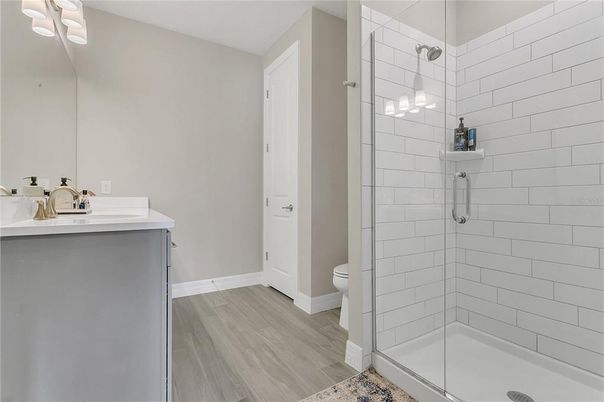 Bathroom, Glass Shower, Interior, Wood Texture Flooring