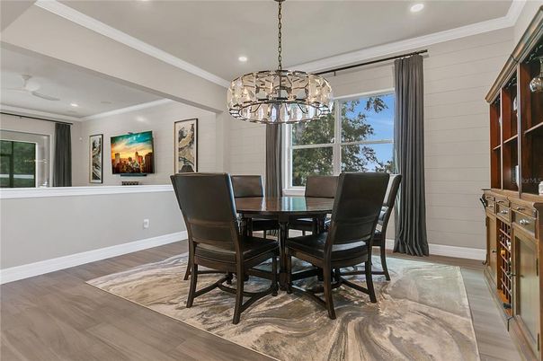 Dining room, Interior, Pendant Lights, Recessed Lighting, Wood Texture Flooring