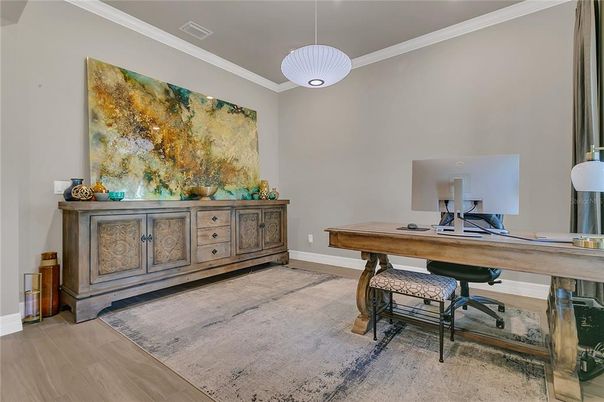 Home Office, Interior, Pendant Lights, Wood Texture Flooring