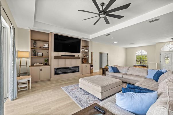 Fireplace, Interior, Living room, Recessed Lighting, Wood Texture Flooring