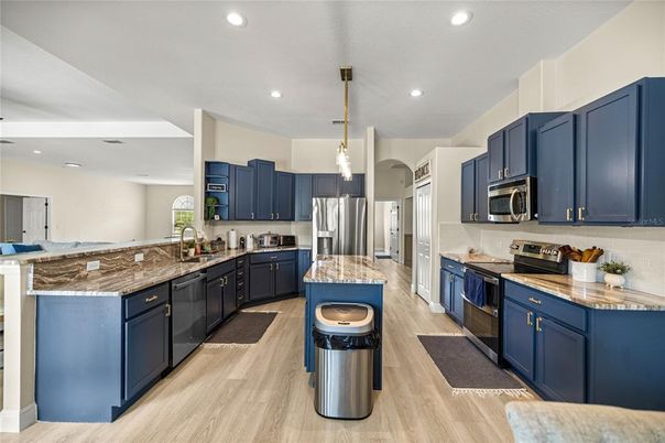 Interior, Kitchen, Pendant Lights, Recessed Lighting, Stainless Steel Appliances, Wood Texture Flooring