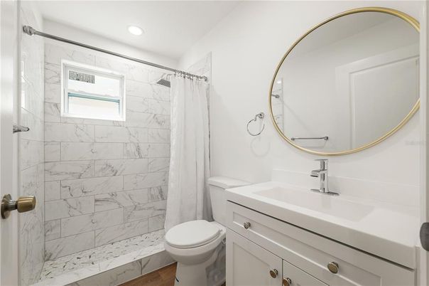 Bathroom, Interior, Marble Walls, Recessed Lighting, Wood Texture Flooring
